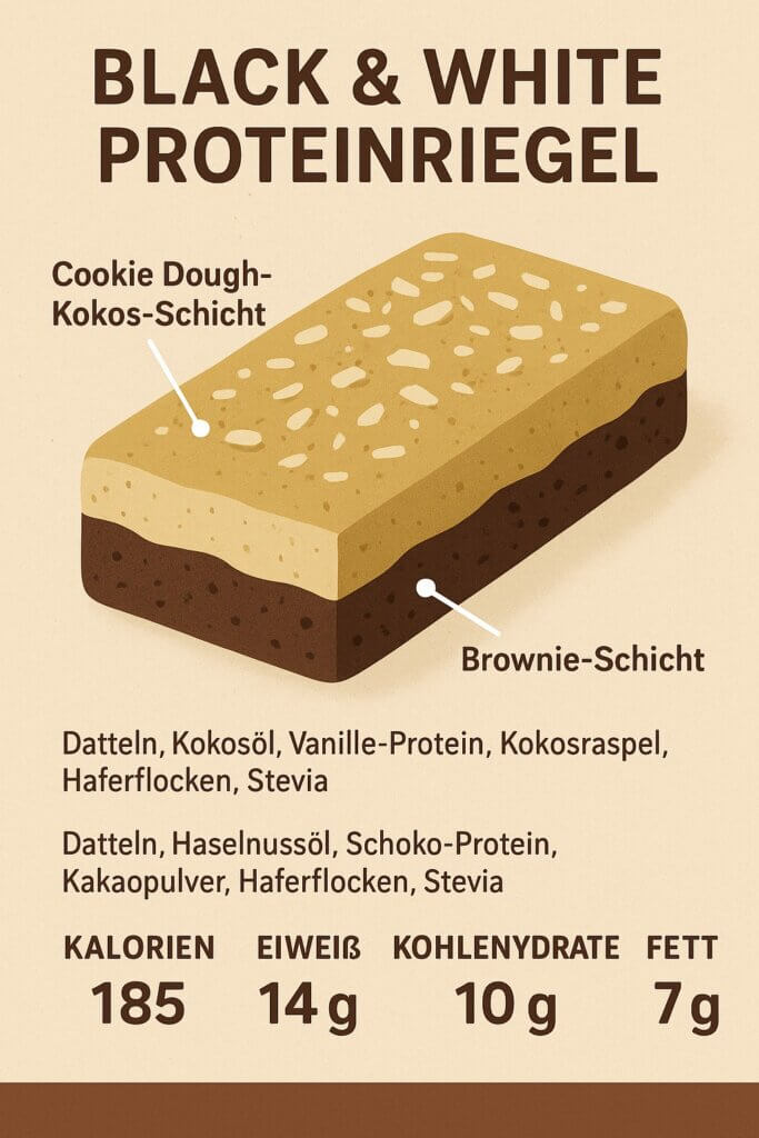 Infografik Black & White Proteinriegel – zweischichtiger Proteinriegel mit Cookie-Dough- und Brownie-Schicht, Nährwerte pro Riegel