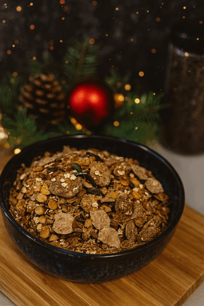 Selbstgemachtes Protein Granola in einer schwarzen Schüssel auf Holzbrett – gesundes Frühstück oder Meal-Prep Idee mit viel Eiweiß.