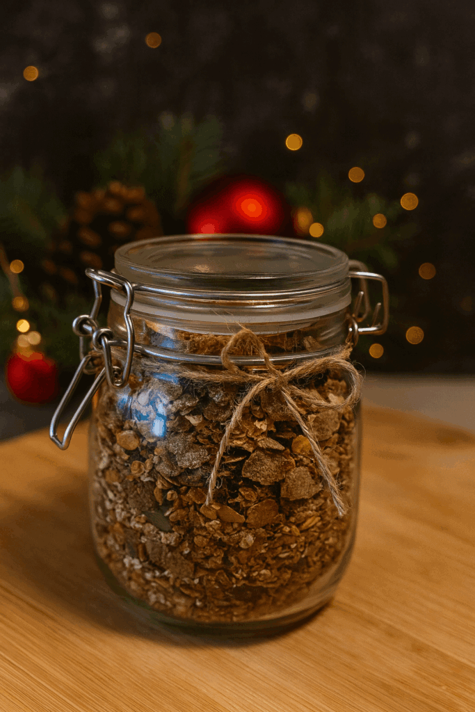 DIY Weihnachtsgeschenk im Glas: Selbstgemachtes Protein Granola im Einmachglas mit Schleife, dekoriert mit Tannenzweigen und Weihnachtskugeln.
