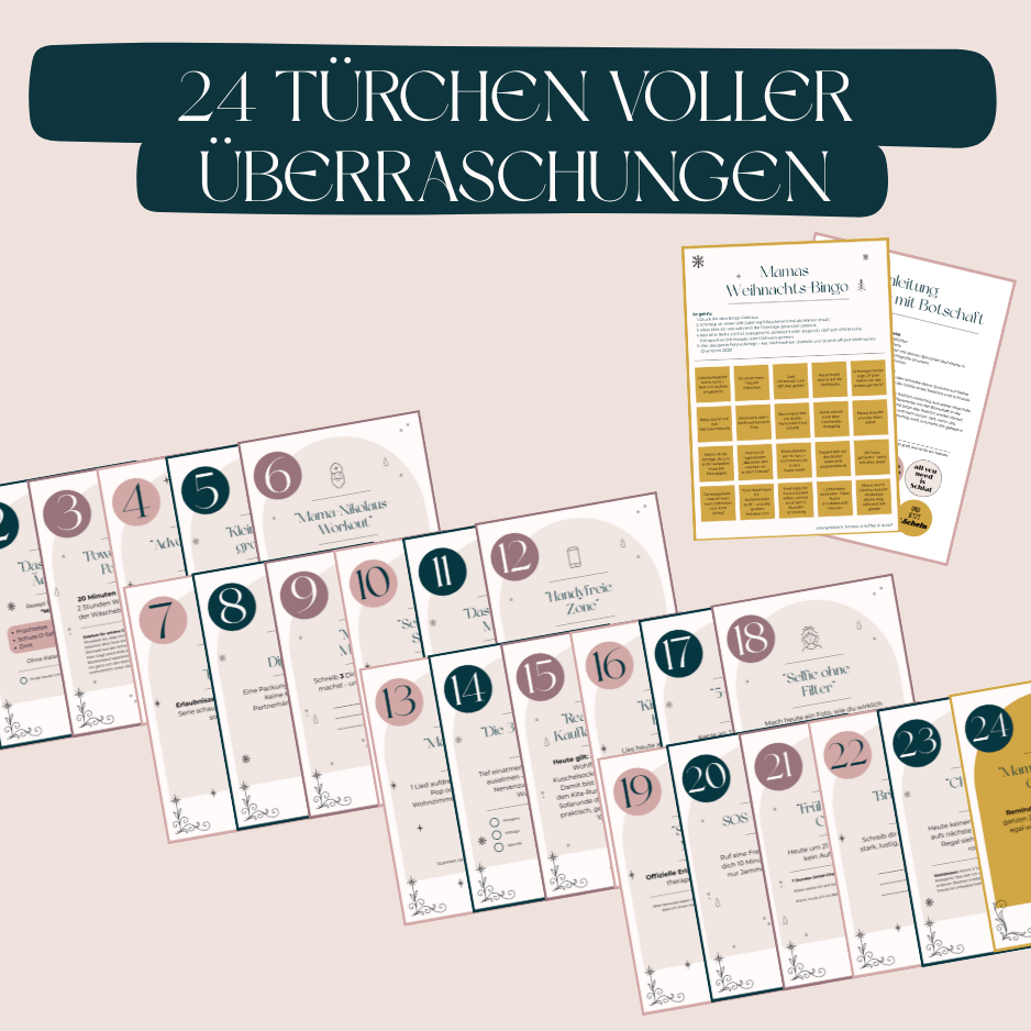 Adventskalender für Mamas mit 24 humorvollen Überraschungen – PDF zum Ausdrucken mit Selfcare-Ideen, witzigen Sprüchen und Bonus wie Mamas Weihnachts-Bingo. Digitale Geschenkidee für Weihnachten, sofort downloadbar.