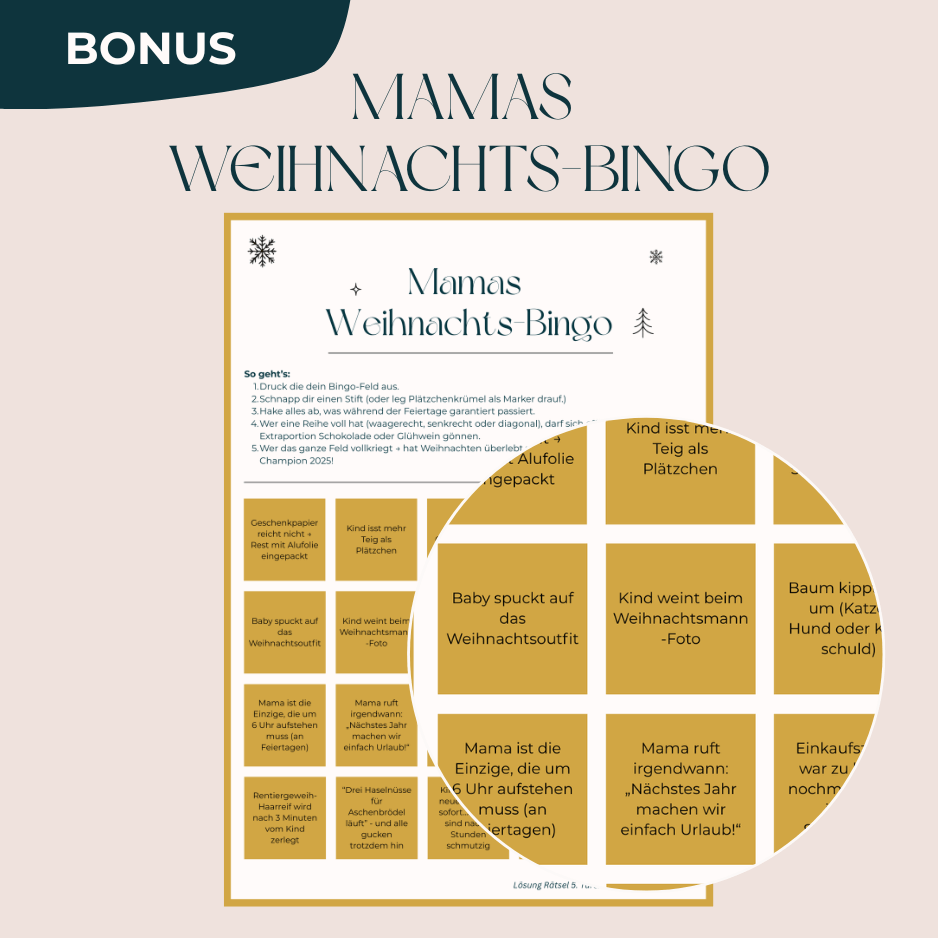 Bonus im Adventskalender für Mamas – Weihnachts-Bingo als PDF zum Ausdrucken. Lustige Spielidee für Mütter in der Adventszeit, ideal als Extra-Geschenk.