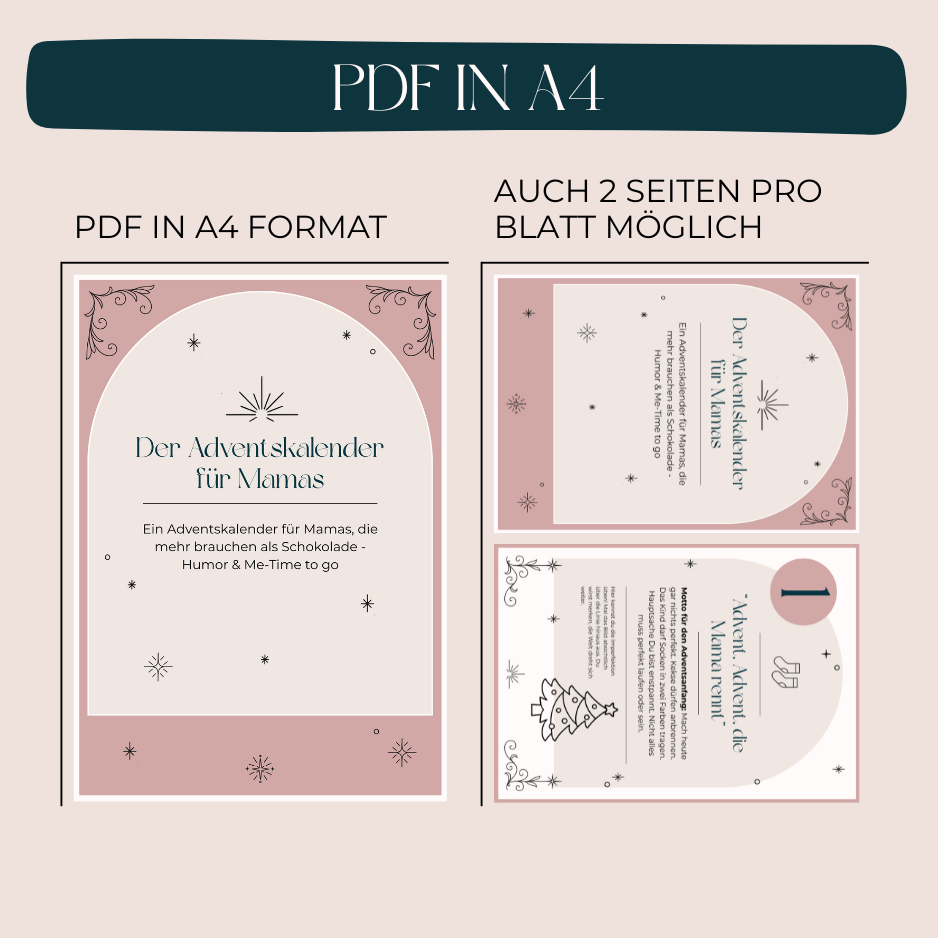Adventskalender für Mamas als PDF in A4 – sofort zum Download und Ausdrucken, flexibel auch 2 Seiten pro Blatt. Humorvolle Alternative zu Schokolade.
